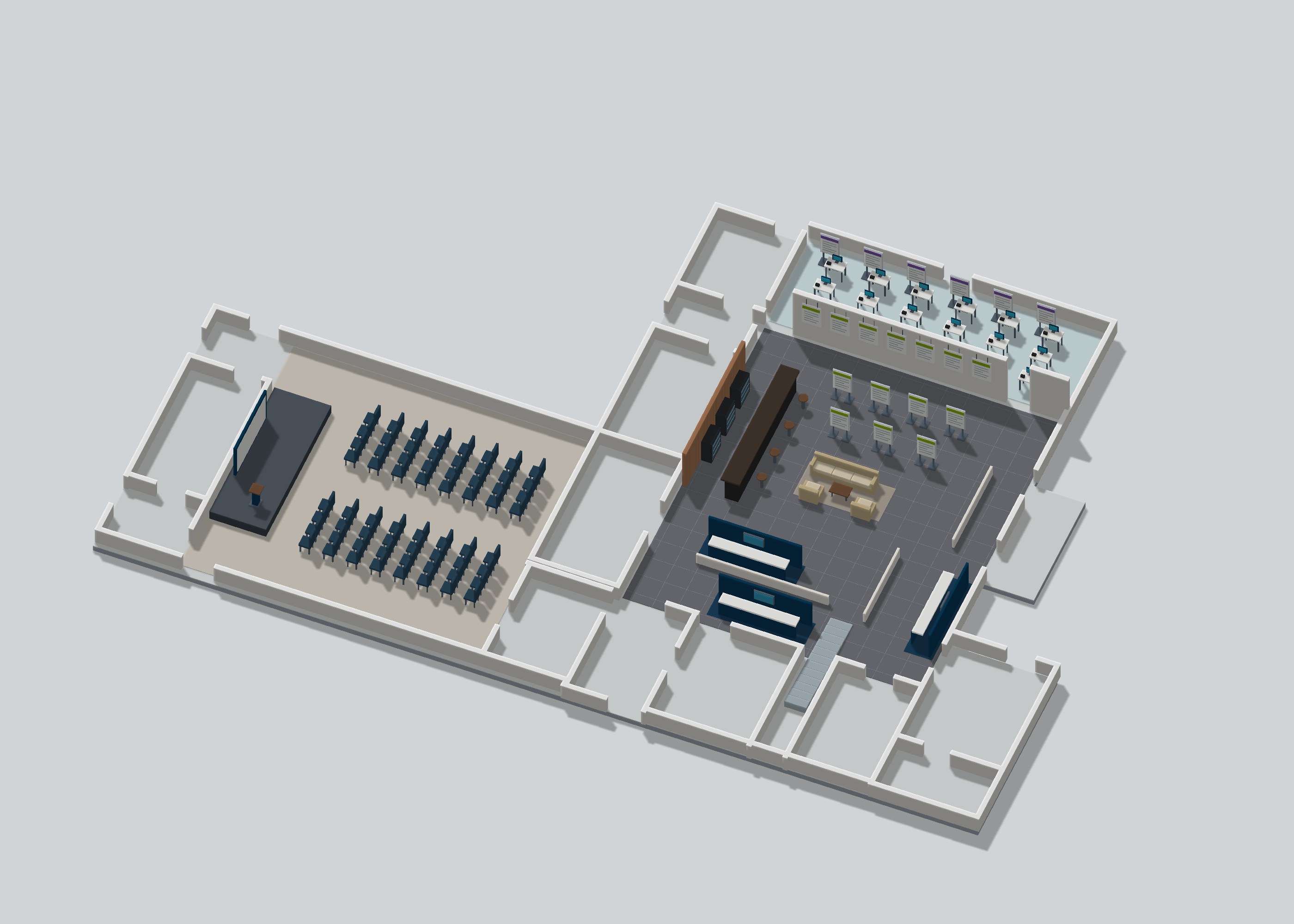 3D cutaway of Rotunde: presentation seating at left, bar on the left side of the main room, posters at the rear and demos in the cloakroom.